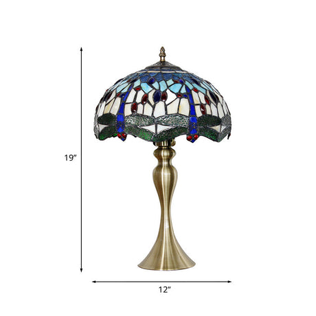 Tiffany Green Dragonfly Glass Nightstand Lamp - Gold Base Bowl Shape Table Lighting