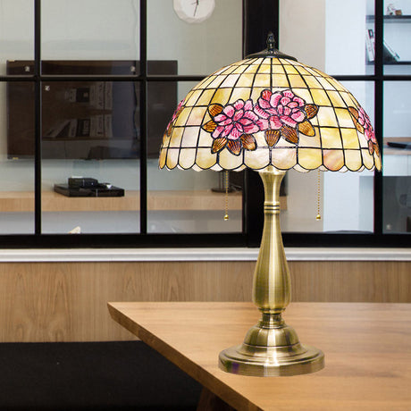 Tiffany Style Flower Pattern Grid Shell Table Lamp - 2 Bulbs & Gold Finish With Pull Chain