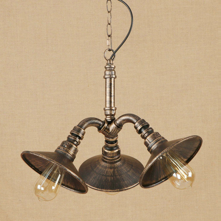 Vintage Cone Chandelier - Elegant 3-Bulb Wrought Iron Hanging Light In Bronze For Restaurants