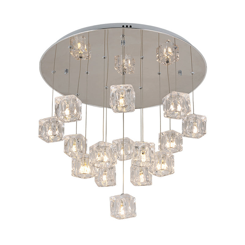 Modernist Silver Led Ceiling Lamp With Clear Crystal Cube Multi-Pendant - 15 Lights