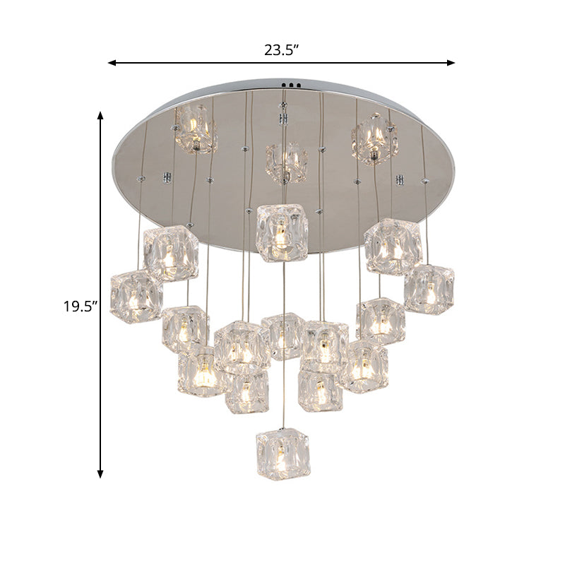Modern Clear Crystal Cube Multi-Pendant 15-Light Silver Led Ceiling Lamp