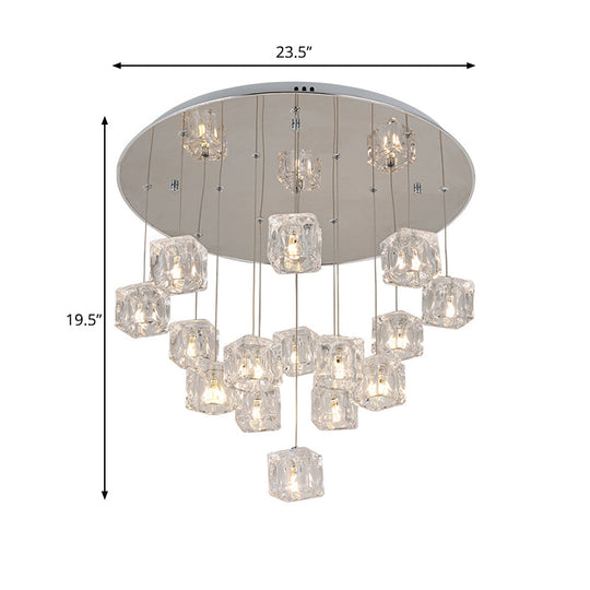 Modern Clear Crystal Cube Multi-Pendant 15-Light Silver Led Ceiling Lamp