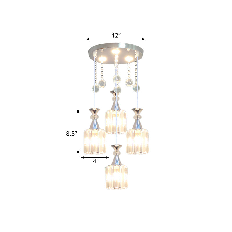 Modern Silver Finish Cylinder Pendant Light With 4 Crystal Block Heads