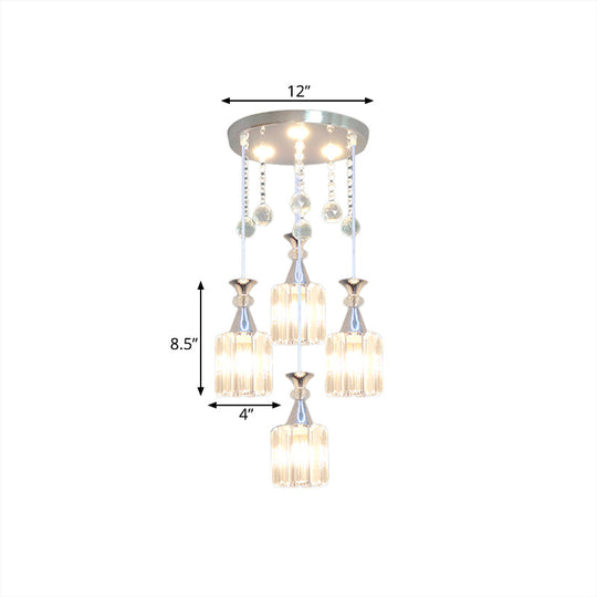 Modern Silver Finish Cylinder Pendant Light With 4 Crystal Block Heads