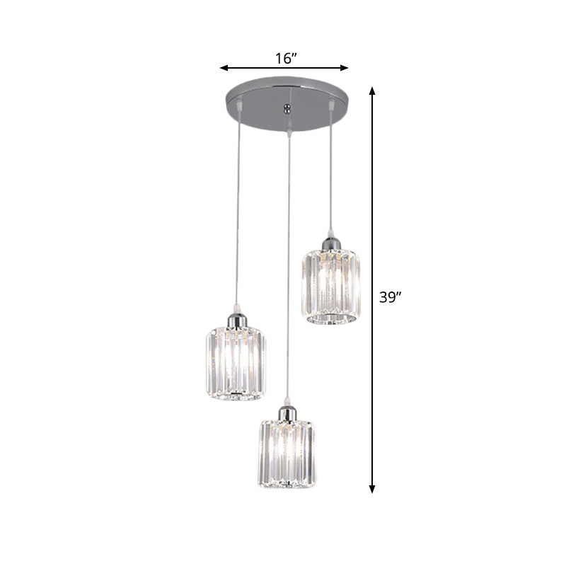 Modern Clear Crystal Cylinder Pendant Light With Chrome Finish - 3 Bulb Hanging Lamp Kit