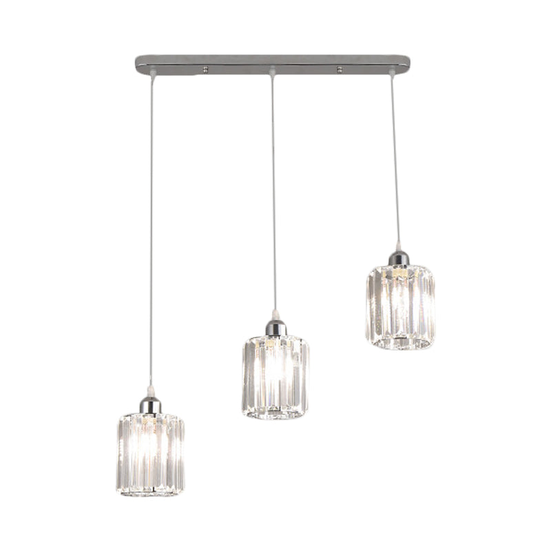 Minimal Chrome Pendant Ceiling Light With Cylinder Crystal Shade - 3-Light Restaurant Multi