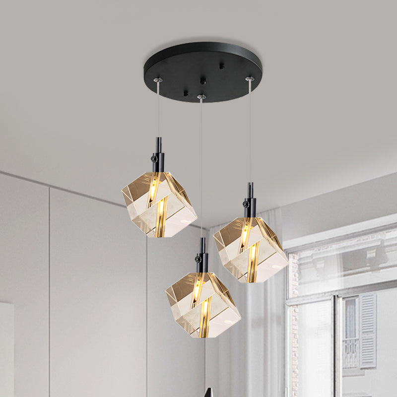3-Head Clear Crystal Cube Pendant Light In Modern Black Design For Dining Room Led Suspension