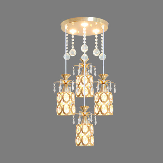 Modern Crystal Ceiling Lamp With 4 Lights & Gold Cylinder Pendant