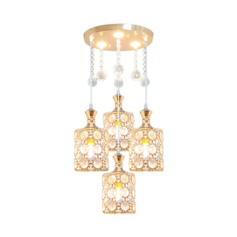 Modernist Gold Cylindrical Multi-Head Crystal Hanging Pendant Light With Droplet Ball