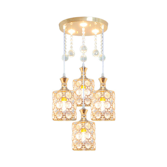 Modernist Gold Cylindrical Multi-Head Crystal Hanging Pendant Light With Droplet Ball