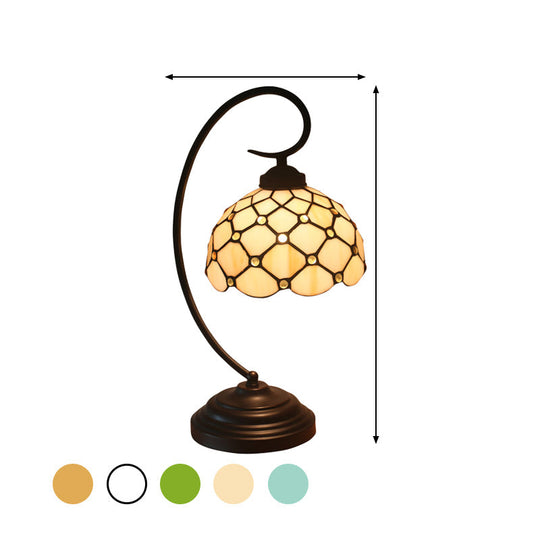 Bronze Tiffany Night Table Lamp With Beaded Patterned Shade - Swirl Arm Beige/White Glass
