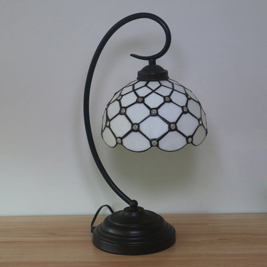 Bronze Tiffany Night Table Lamp With Beaded Patterned Shade - Swirl Arm Beige/White Glass