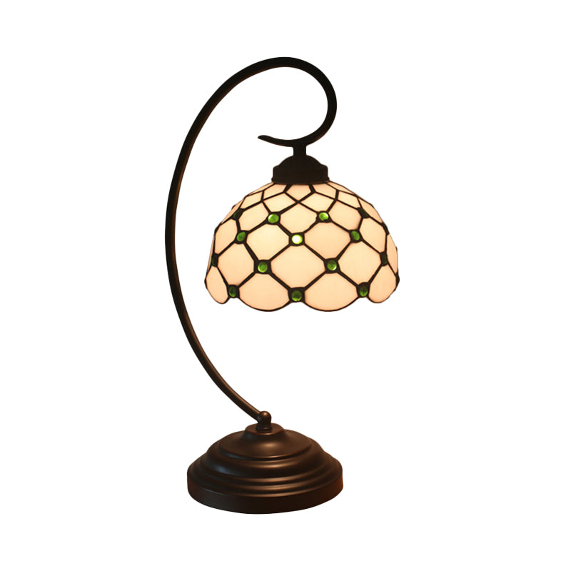 Bronze Tiffany Night Table Lamp With Beaded Patterned Shade - Swirl Arm Beige/White Glass