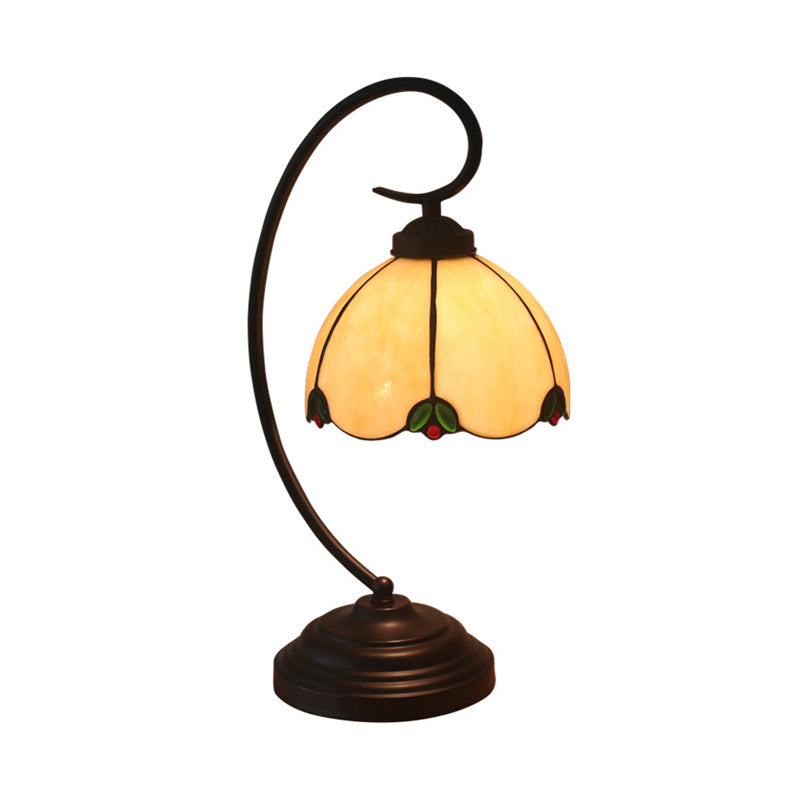 Mediterranean Style 1-Light Nightstand Lamp With Beaded Pattern & Flower Glass Shade In White/Red