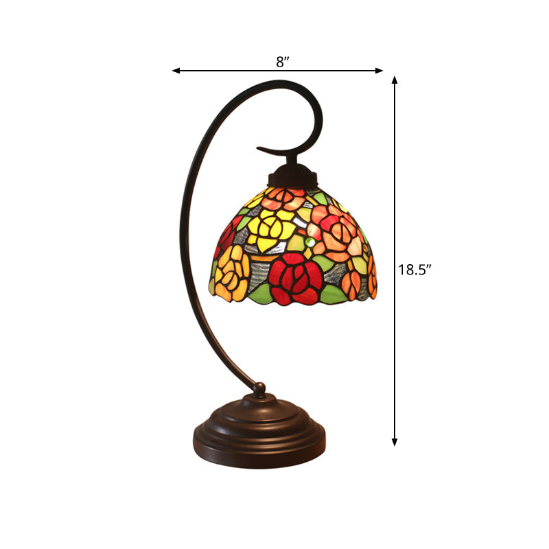 Rose Patterned Victorian Night Lamp With Stained Art Glass In Dark Coffee