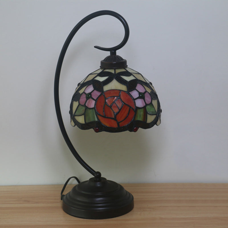 Baroque Red/Pink/Brown Cut Glass Domed Table Lamp With Curvy Arm