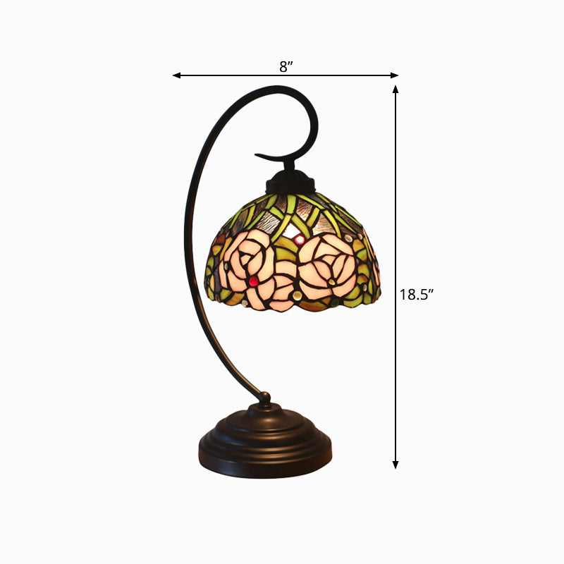 Tiffany Style Dome Cut Glass Table Lamp - Black/White Finish Rose Pattern Night Light