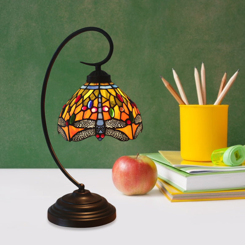 Dragonfly Cut Glass Victorian Desk Lamp - 1 Light Orange/Green Night With Curved Arm For Bedroom