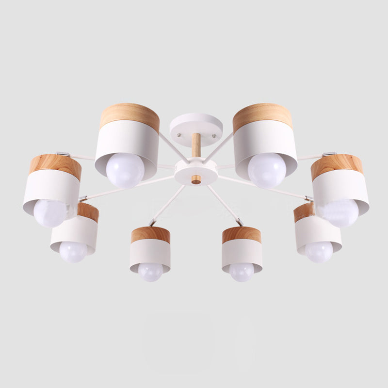 8 - Light Modern White Metal And Wood Semi Flush Chandelier - Stylish Ceiling Light Fixture