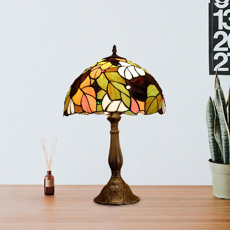 Samantha - Head 1 Dome Table Lamp Baroque Style Yellow/Green/Orange Stained Glass Nightstand With