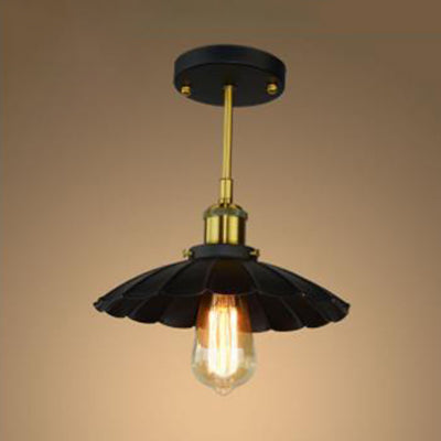 Vintage Industrial Black Scalloped Semi Flush Mount Metal Ceiling Fixture With 1 Light