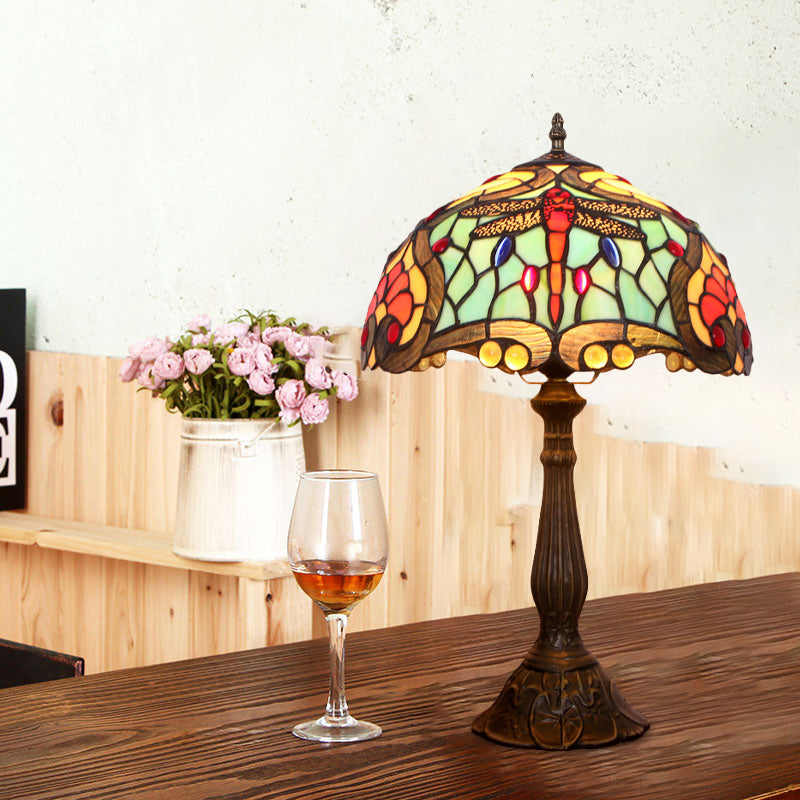 Mediterranean Bronze Domed Table Lamp - Hand Cut Glass Dragonfly Patterned Night Light