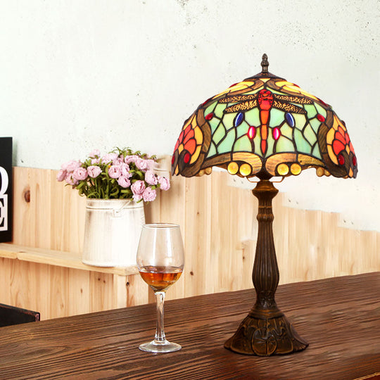 Mediterranean Bronze Domed Table Lamp - Hand Cut Glass Dragonfly Patterned Night Light