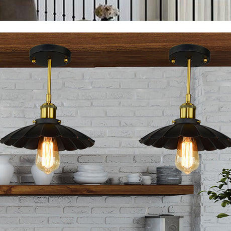 Vintage Industrial Black Scalloped Semi Flush Mount Metal Ceiling Fixture With 1 Light