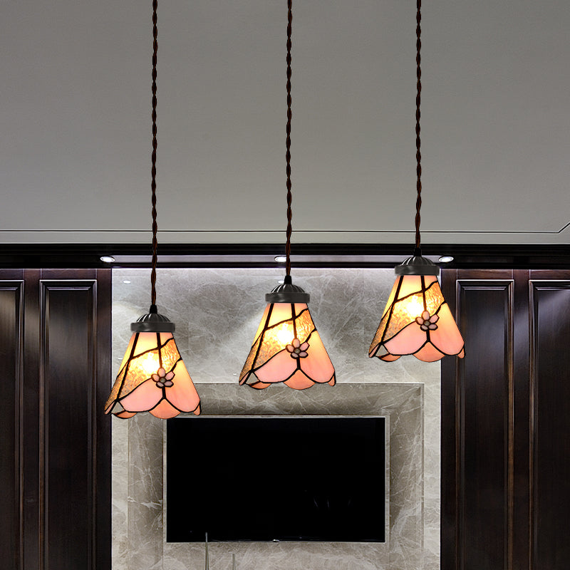 Baroque Style Pink Stained Glass Pendant Light Kit For Dining Room With 3 Bulbs
