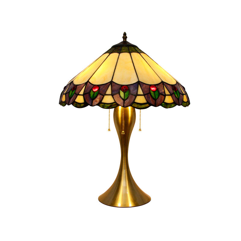 Mothallah - Gold Conic Nightstand Light 3-Head Stained Glass Tiffany Peacock Tail Patterned Table