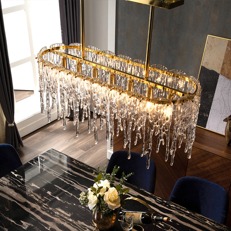 Gold Oval Island Pendant Lamp: Minimalist Design With Clear Crystal 7 Bulbs & Melting Ice-Inspired