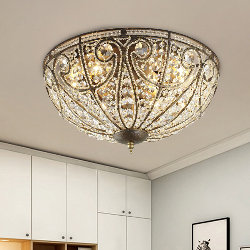 Vintage Antique Bronze Ceiling Light With Beveled Crystal And 3-Bulb Flush Mount For Hallways