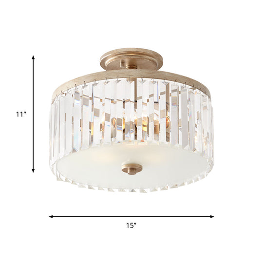 Gold Circle Crystal Block Semi Flush Mount With Recessed Lighting - 3 Bulbs Simplicity For Corridors