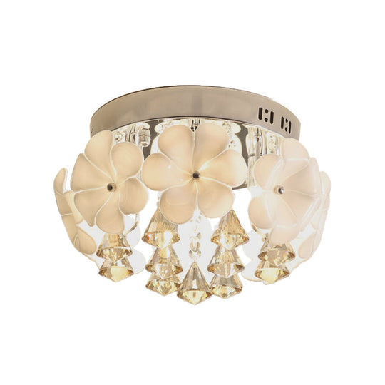 Ivory Glass Chrome Flush Mount Flower Ceiling Light With Diamond Crystal Drop