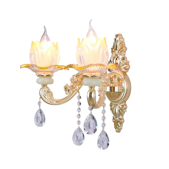 Classic Crystal Wall Light With Carved Arm And Backplate - 2 Lights Candlestick Sconce Lamp In