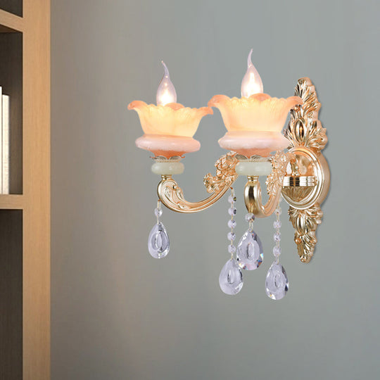 Classic Crystal Wall Light With Carved Arm And Backplate - 2 Lights Candlestick Sconce Lamp In