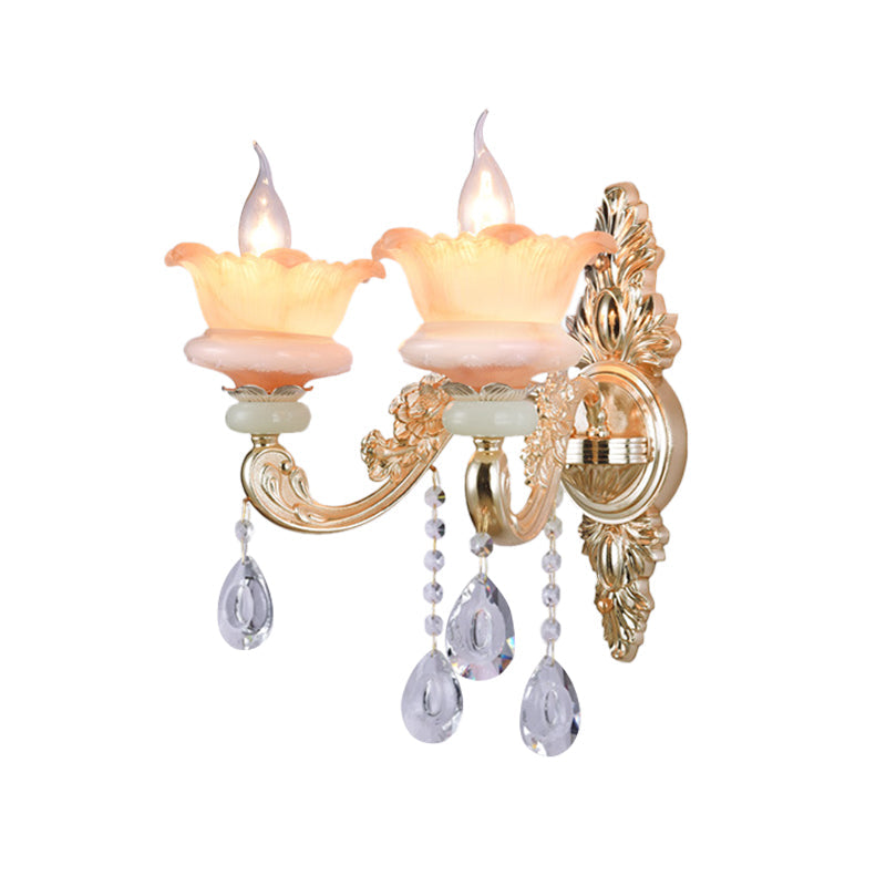 Classic Crystal Wall Light With Carved Arm And Backplate - 2 Lights Candlestick Sconce Lamp In