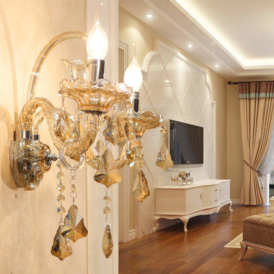 Crystal Cognac Candle Wall Sconce With Curved Glass Arm For Living Room Antique 2 Bulbs