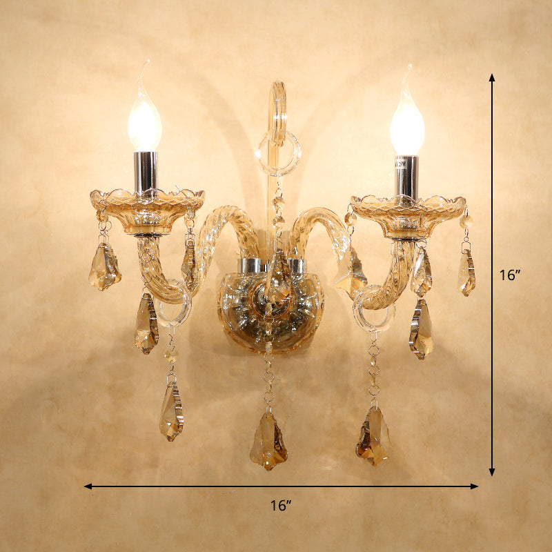 Crystal Cognac Candle Wall Sconce With Curved Glass Arm For Living Room Antique 2 Bulbs