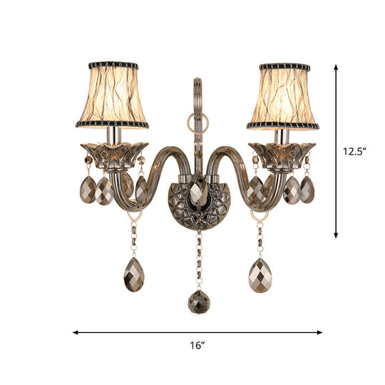 Vintage Smoke Gray Crystal Bell Sconce - Half-Bulb Retro Wall Lamp With Fabric Shade For Living Room