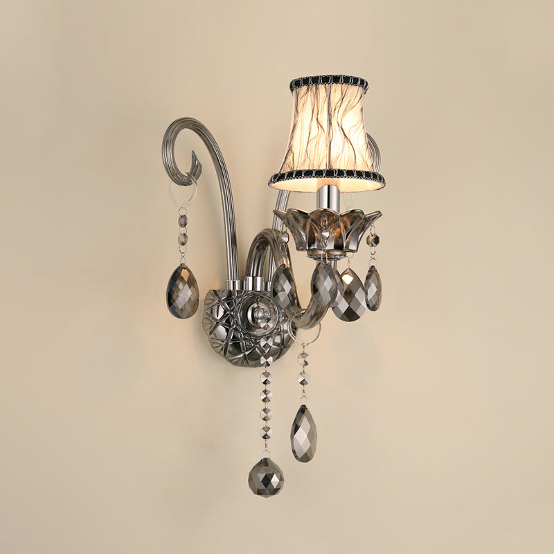 Vintage Smoke Gray Crystal Bell Sconce - Half-Bulb Retro Wall Lamp With Fabric Shade For Living Room