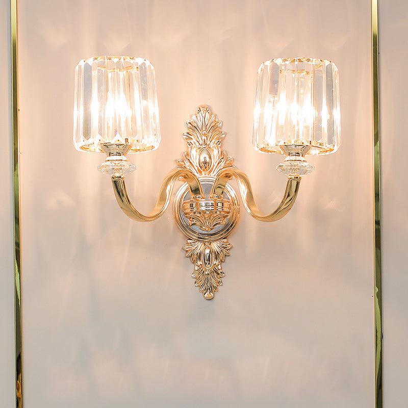 Gold Retro Crystal Block Wall Sconce With 2-Bulb Cylinder & Carved Backplate
