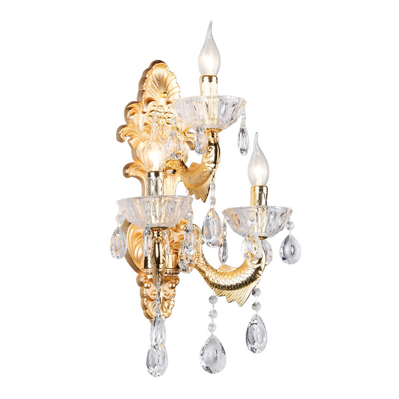 Gold Crystal Wall Light With Fish-Shaped Arm And 3 Candle Lights