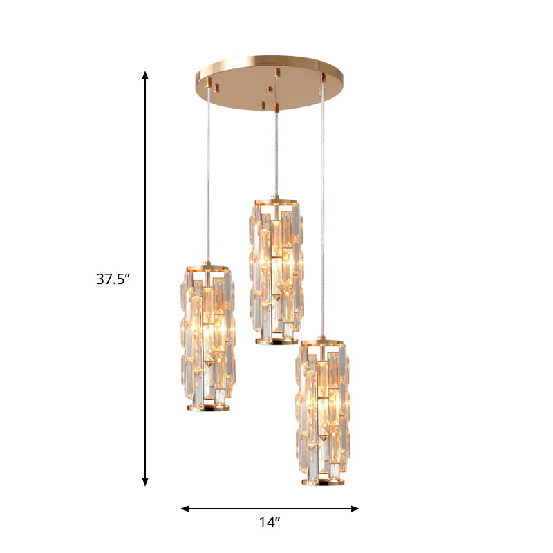 3-Head Pendant Lamp With Crystal Shade - Modern Bedroom Hanging Light In Gold