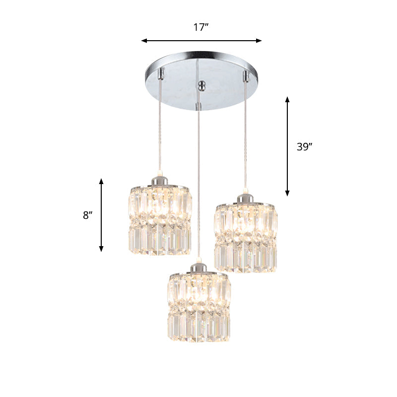 Simple K9 Crystal Column Pendant - 3 Bulbs Chrome Suspension Lamp For Dining Room