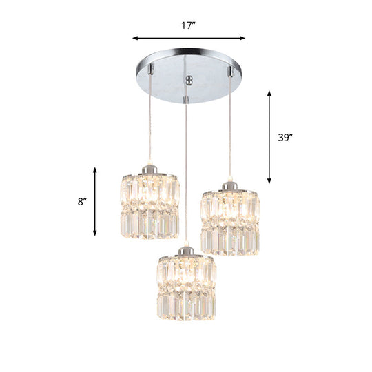 Simple K9 Crystal Column Pendant - 3 Bulbs Chrome Suspension Lamp For Dining Room