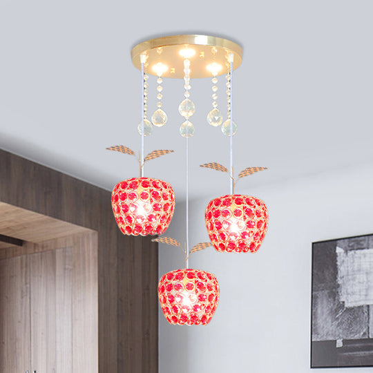 Apple Shaped Multi-Pendant Red Crystal 3-Light Gold Suspension Lamp