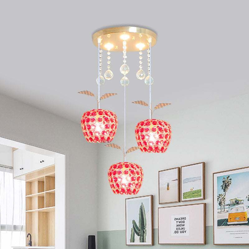 Apple Shaped Multi-Pendant Red Crystal 3-Light Gold Suspension Lamp