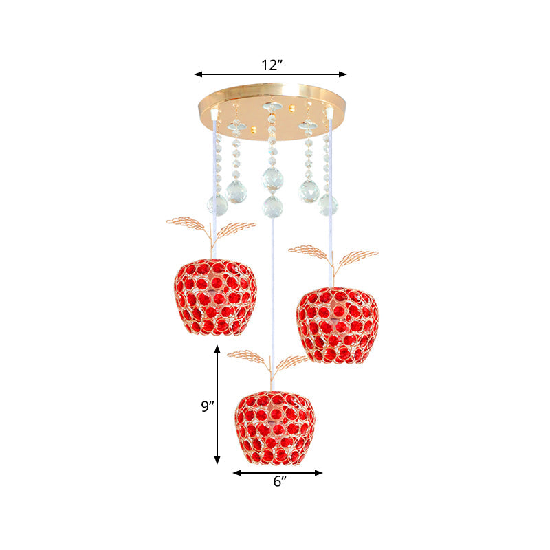 Modern Gold Suspension Lamp With Crystal-Encrusted Apple Pendant - 3-Light Design