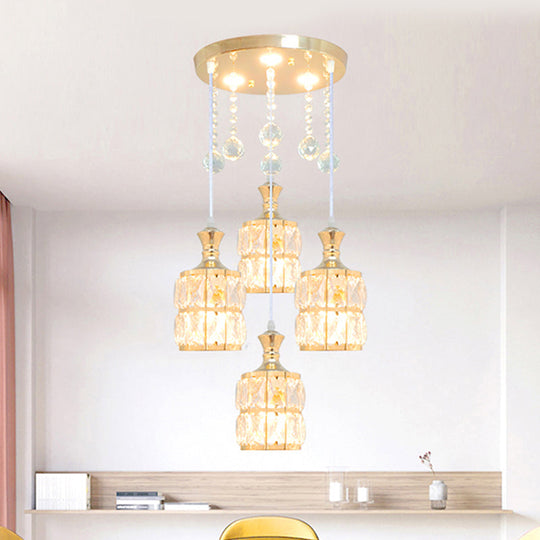 Modern Gold Crystal Block Cylinder Pendant Light Fixture - 4-Bulb Hanging Lamp Kit